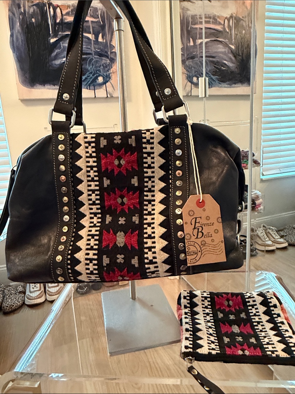 Black Satchel with Red & Cream Woven Panel